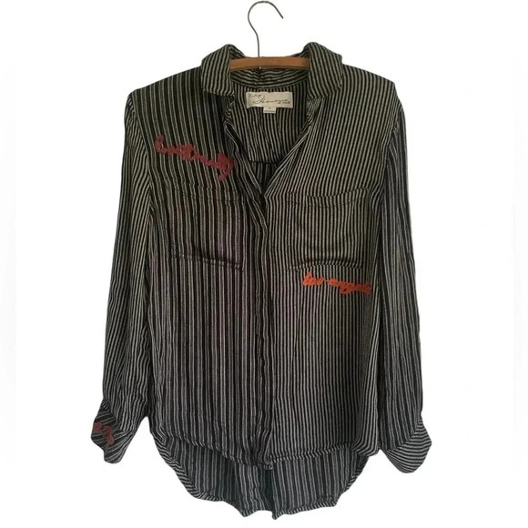 Vintage Havana Black White Striped "Take A Trip" Emboridered Button Up Shirt (S) - Picture 1 of 11